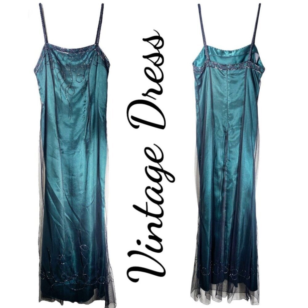 VINTAGE‎ BEADED STRAPPY SILKY FORMAL FULL LENGTH DRESS EMERALD GREEN, SIZE XS